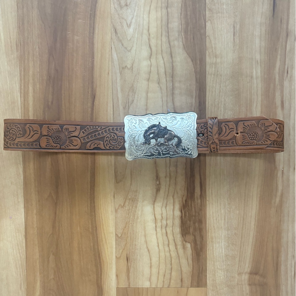 Brown Floral Embossed Belt with Silver Buckle